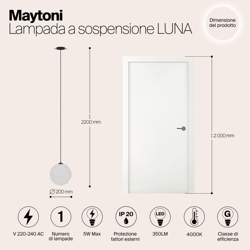 Светильник 20 см, 5W, 4000K, Maytoni Luna P039PL-5W4K-20INS-B, черный