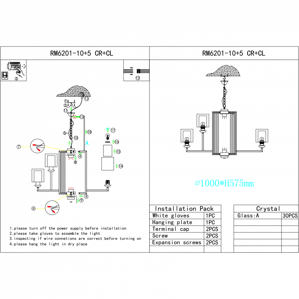 Подвесной светильник 101*67,5-157,5 см, 15*E27+LED*600W, iLamp King RM6201-10+5 CR+CL, Хром