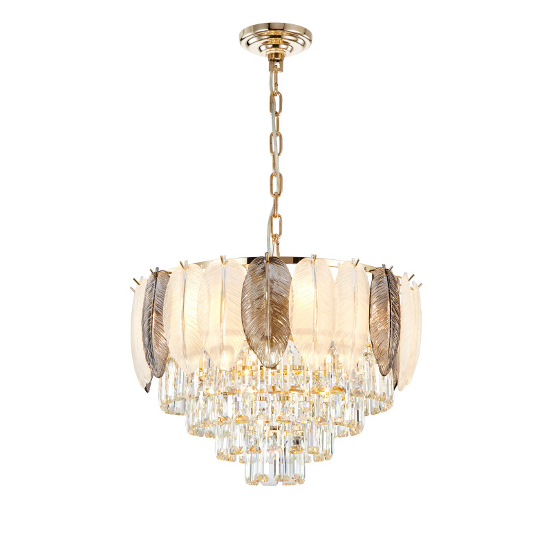 Подвесная люстра Favourite Dolor 2982-9P, D510*H380/1380, золотой гальваники, декоративные лепестки из белого и серого стекла, хрусталь оригинальной прямоугольной формы высшего качества