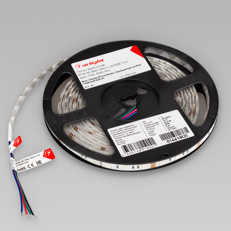 Лента герметичная RTW-SE-B60-10mm 12V RGB (14.4 W/m, IP65, 5060, 5m), Arlight 014618(2). Цена указана за 5 метров. Продается кратно 5 метрам.