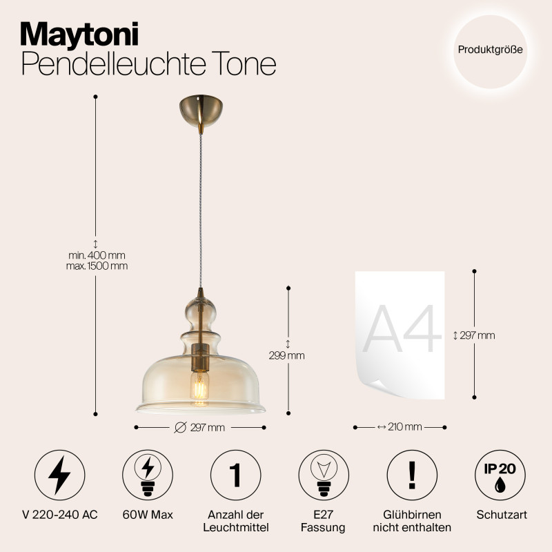 Подвесной светильник Maytoni Tone P001PL-01BZ, янтарный, диаметр 30 см