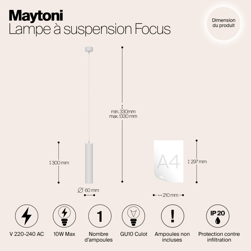 Подвесной светильник 6*33-133 см, GU10, 1-2 м2 Maytoni Technical Focus P075PL-01W белый