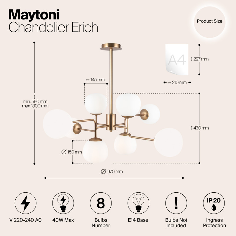 Люстра подвесная Maytoni Erich MOD221-PL-08-G, белый/золото