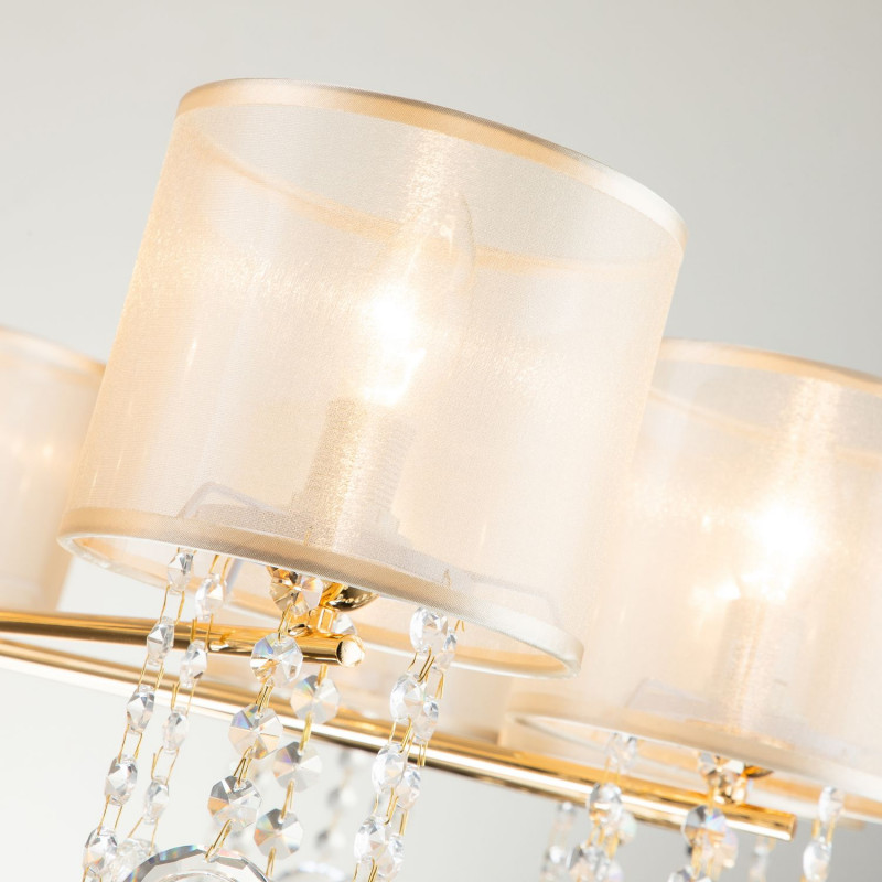 Подвесная люстра Favourite Ventus 2891-10P, D920*H460/1460, Каркас золотого цвета, плафон из органзы янтарного цвета, декоративные элементы из стекла и хрусталя