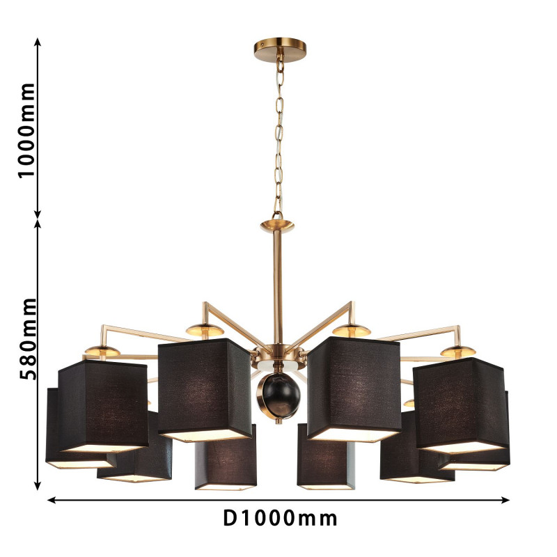 Подвесная люстра Favourite Diva 2822-10P, D1000*H490/1555(H580/1645), античная латунь, плафоны из черной ткани, декор - имитация черного мрамора, каркас можно монтировать как вверх, так и вниз плафонами.