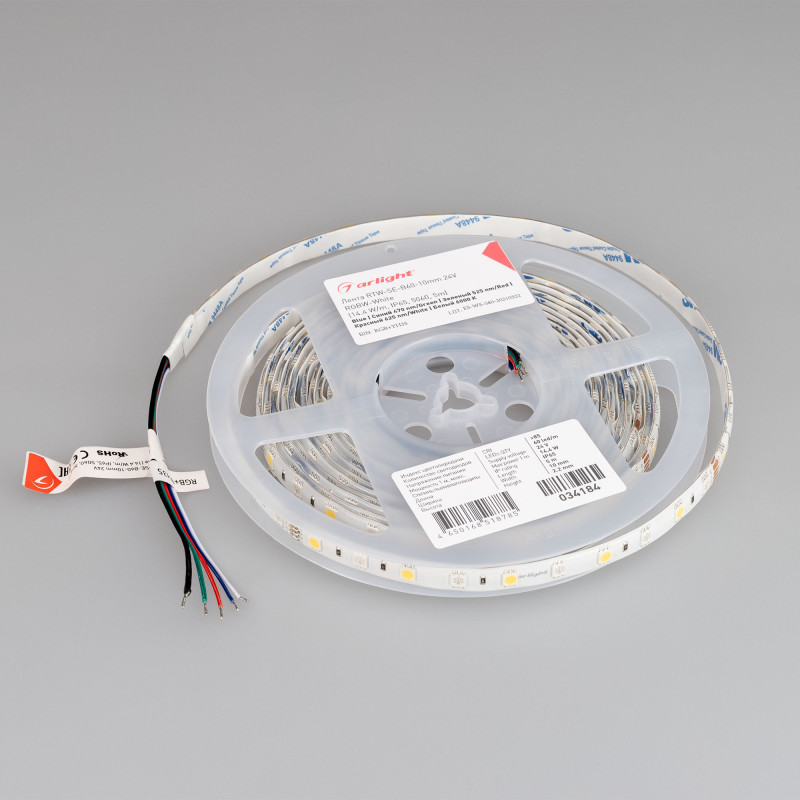 Лента RTW-SE-B60-10mm 24V RGBW-White (14.4 W/m, IP65, 5060, 5m) (Arlight, Открытый) 034184. Цена указана за 5 метров. Продается кратно 5 метрам.