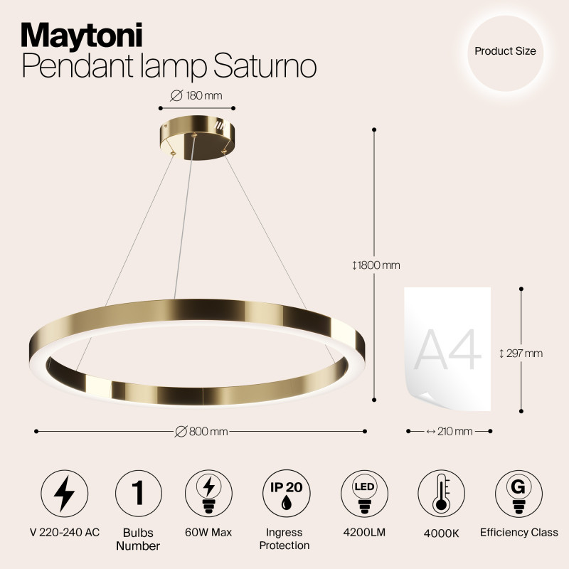 Светильник 80 см, 60W, 4000K Maytoni Saturno MOD415PL-L60BS4K, латунь