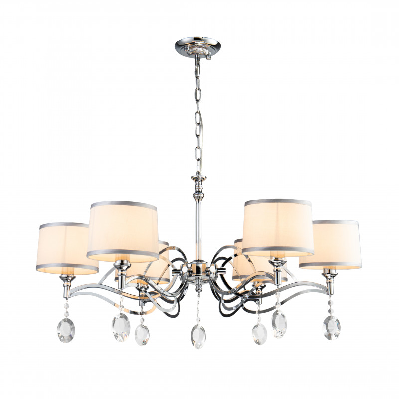 Подвесная люстра Favourite Semina 2707-6P, D840*H430/1430, хром, абажуры из белой ткани с серебряной тесьмой, декоративные элементы из прозрачного хрусталя