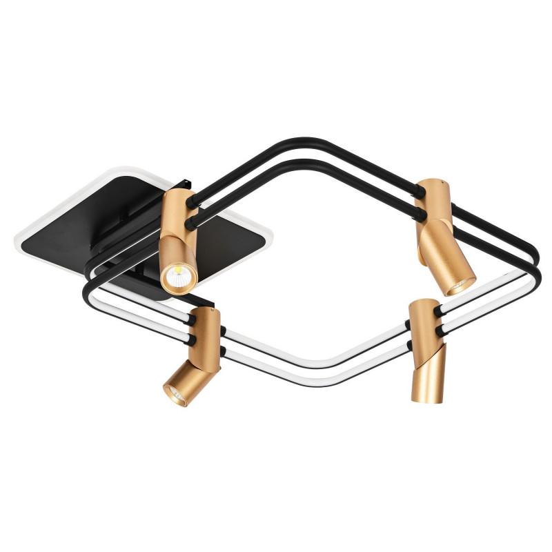 Потолочный светильник Favourite Cosmical 4070-4U, L600*W600*H210, потолочный светильник черного цвета в  сочетании с золотыми поворотными спотами на каркасе, встроенные ленты LED по периметру. Пульт управления цветом