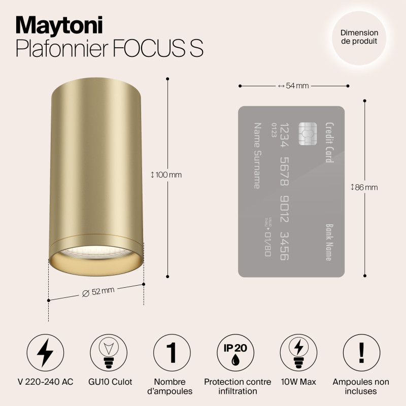 Светильник 5*5 см, GU10 10W, Maytoni Focus S C052CL-01MG, матовое золото