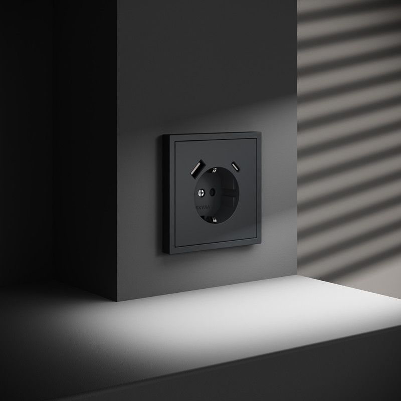 Розетка встраиваемая Voltum S70 с заземлением и защитными шторками, 16А, с USB, A+С, графит пластик Soft touch VLS040507
