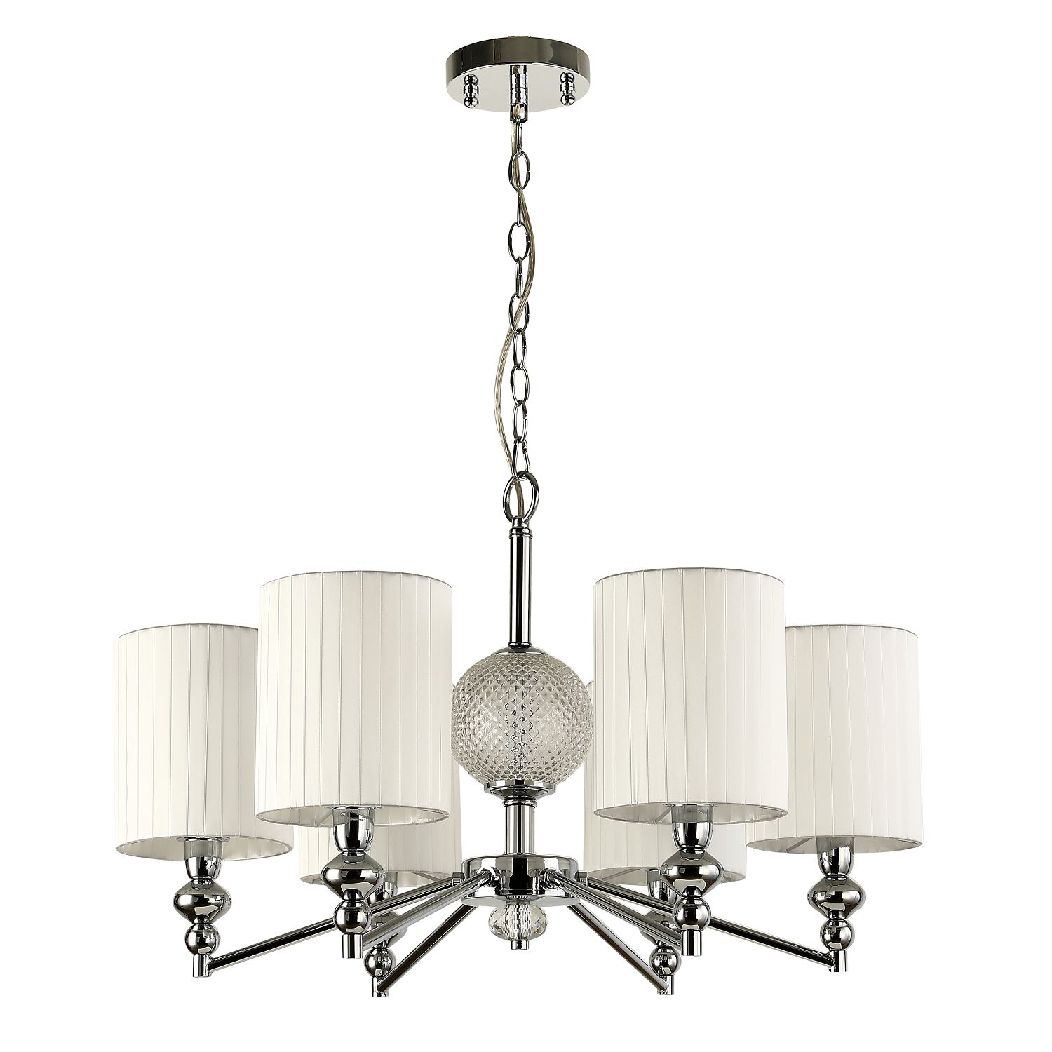 Подвесная люстра F-Promo Norte 2942-6P, D690*H450/1450, хром, плафоны из белой ткани, декоративный элемент из узорного стекла