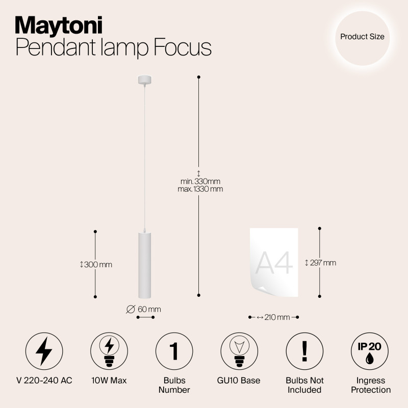 Подвесной светильник 6*33-133 см, GU10, 1-2 м2 Maytoni Technical Focus P075PL-01W белый