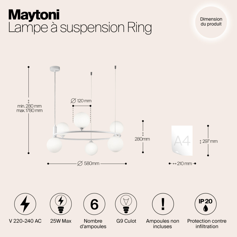 Подвесная люстра Maytoni Ring MOD013PL-06W, белый, диаметр 58см