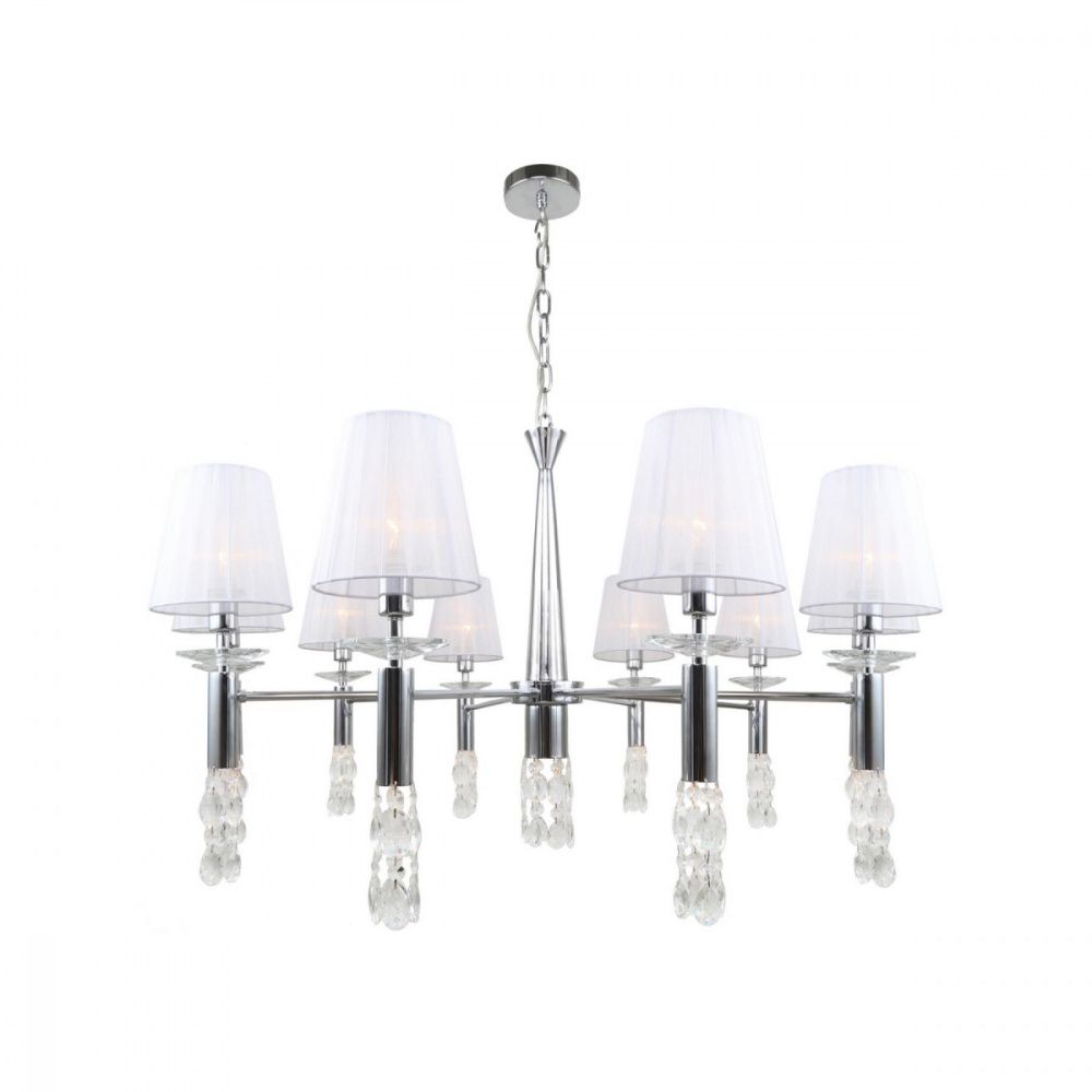 Подвесная люстра Favourite Triumph 2768-10P, D1030*H1580, хром, абажуры из полупрозрачной серебристой ленты, хрусталь высшего качества, дополнительный источник света G9 в нижней части рожков