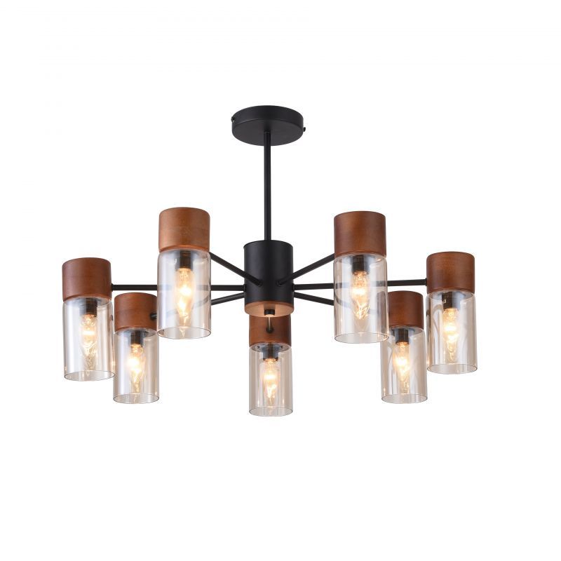 Люстра F-Promo Torr 2633-7P, D680*H450, Каркас черного цвета с декоративными элементами из дерева, плафон из прозрачного стекла коньячного оттенка