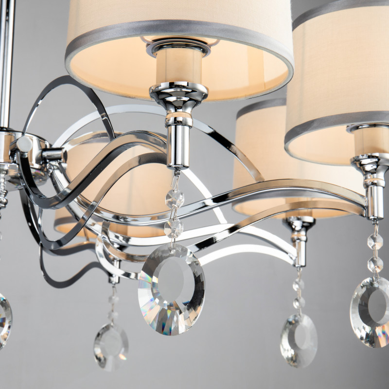 Подвесная люстра Favourite Semina 2707-8P, D930*H430/1430, хром, абажуры из белой ткани с серебряной тесьмой, декоративные элементы из прозрачного хрусталя