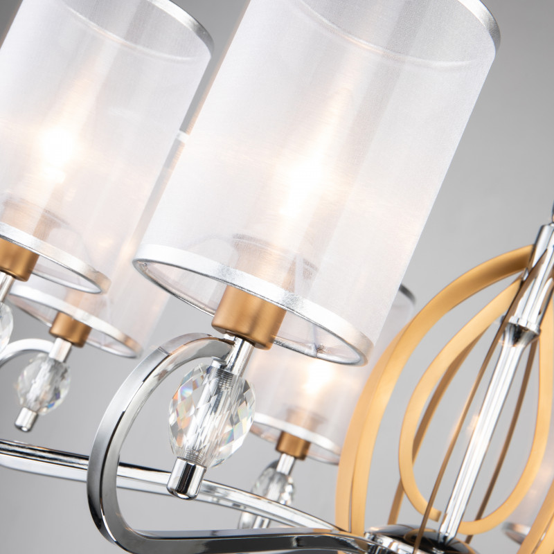 Подвесная люстра Favourite Stine 2705-8P, D790*H450/1450, каркас серебряного цвета и цвета латуни, абажур из полупрозрачной органзы с серебряной тесьмой, декоративные элементы выполнены из прозрачного хрустал