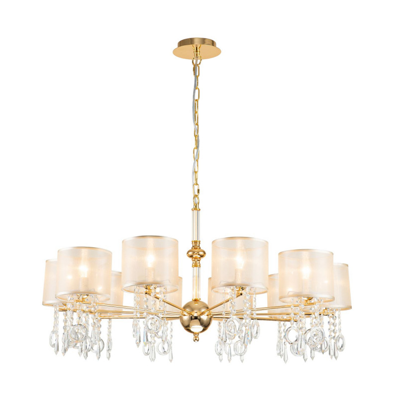 Подвесная люстра Favourite Ventus 2891-10P, D920*H460/1460, Каркас золотого цвета, плафон из органзы янтарного цвета, декоративные элементы из стекла и хрусталя