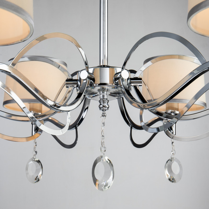 Подвесная люстра Favourite Semina 2707-6P, D840*H430/1430, хром, абажуры из белой ткани с серебряной тесьмой, декоративные элементы из прозрачного хрусталя