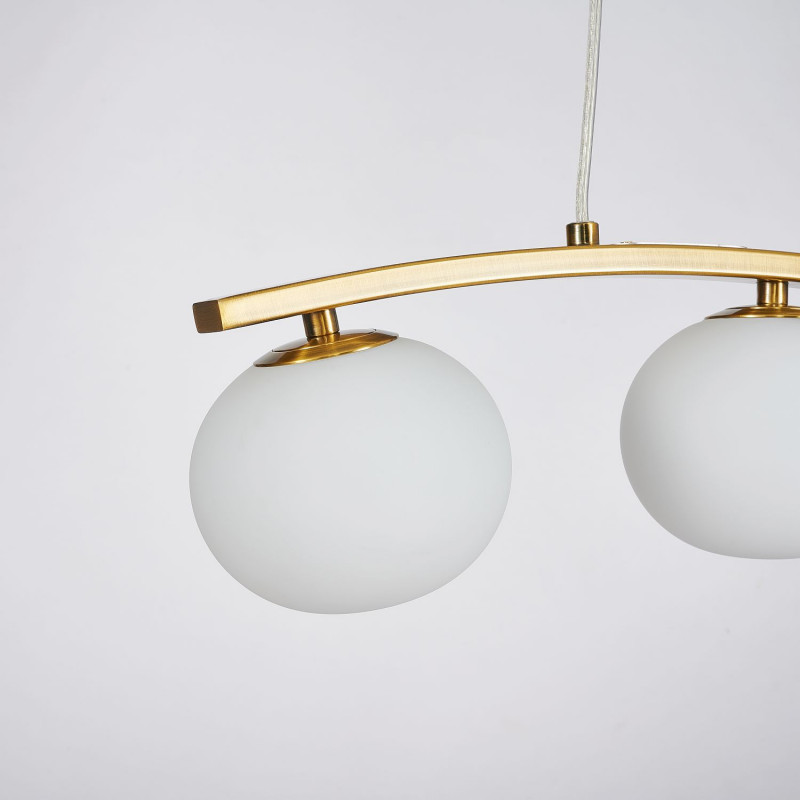 Подвесная люстра Favourite Arcata 4055-3P, L540*W130*H210/1360, дугообразный матового золота, плафоны из выдувного стекла цвета опала, лампу G9 можно менять, часть каркаса фиксируется тросиком для бала