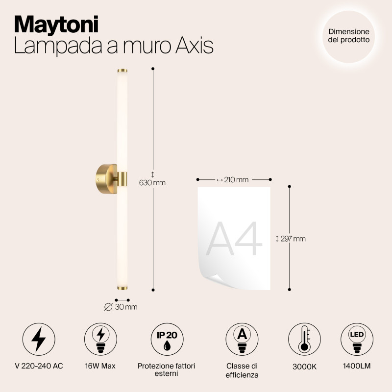Бра 60 см, 16W, 3000K, Maytoni Axis MOD106WL-L16G3K, золото