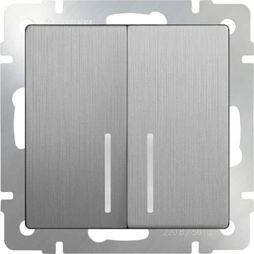 WL09-SW-2G-2W-LED / Выключатель двухклавишный проходной с подсветкой (cеребряный рифленый), 4690389085161