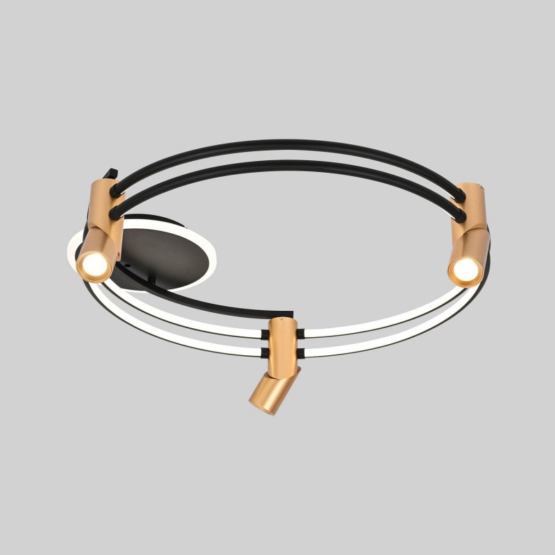 Потолочный светильник Favourite Cosmical 4071-3U, L680*W600*H210, потолочный светильник черного цвета в  сочетании с золотыми поворотными спотами на каркасе, встроенные ленты LED по периметру. Пульт управления цветом