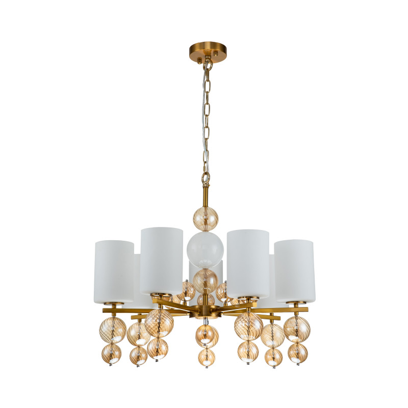 Подвесная люстра Favourite Ether 2998-7P, D690*H625/1620, латуни, декор в виде узорных выдувных стеклянных шаров янтарного цвета, белый керамический шар на центральном штоке, плафоны из стекла бе