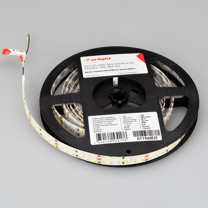 Лента RT-A240-15mm 24V White-MIX (19.2 W/m, IP20, 2835, 5m) (Arlight, Изменяемая ЦТ) 011960(2). Цена указана за 5 метров. Продается кратно 5 метрам.