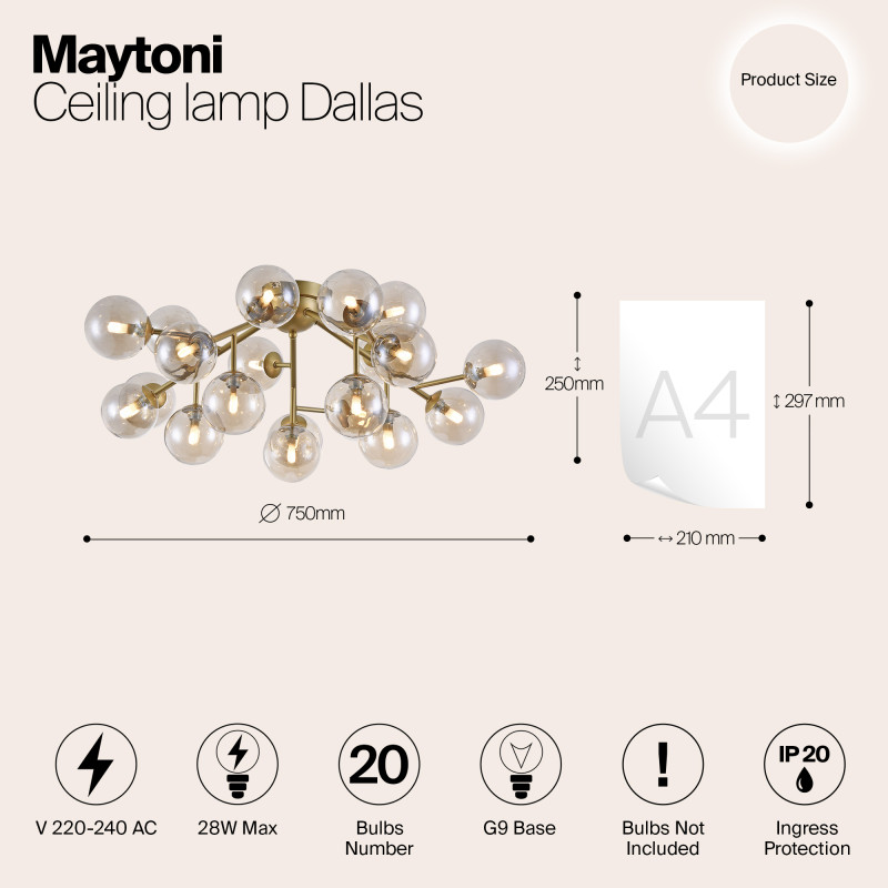 Потолочная люстра Maytoni Dallas MOD545PL-20G, диаметр 75 см, золото