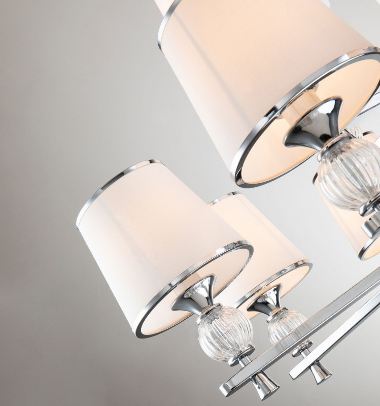 Подвесная люстра Favourite Aureola 2873-12P, D965*H650/1650, хром, плафоны из белой ткани с серебристыми лентами, декоративные элементы из прозрачного стекла