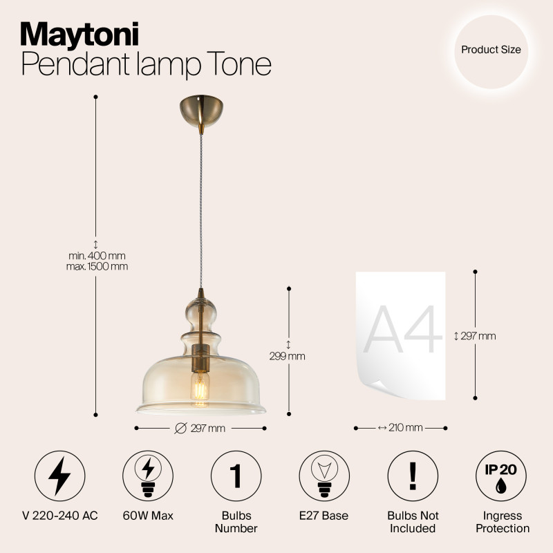 Подвесной светильник Maytoni Tone P001PL-01BZ, янтарный, диаметр 30 см