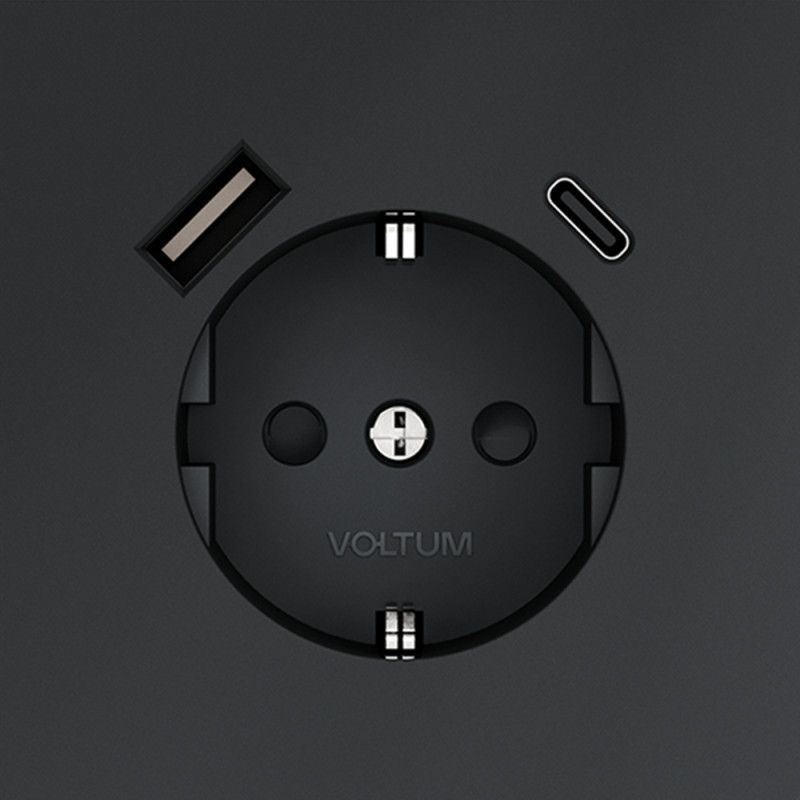 Розетка встраиваемая Voltum S70 с заземлением и защитными шторками, 16А, с USB, A+С, графит пластик Soft touch VLS040507