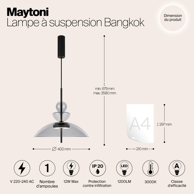 Подвесной светильник  40*67,9 см, LED 12W, 3000К, Черный Maytoni Bangkok MOD185PL-L11B3K3