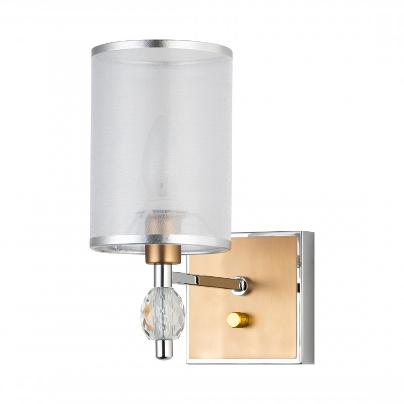 Бра Favourite Stine 2705-1W, D220*W110*H270, каркас серебряного цвета и цвета латуни, абажур из полупрозрачной органзы с серебряной тесьмой, декоративные элементы выполнены из прозрачного хрустал