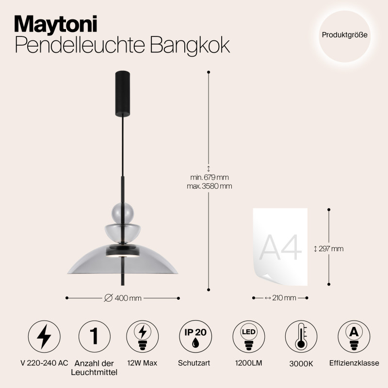 Подвесной светильник  40*67,9 см, LED 12W, 3000К, Черный Maytoni Bangkok MOD185PL-L11B3K3