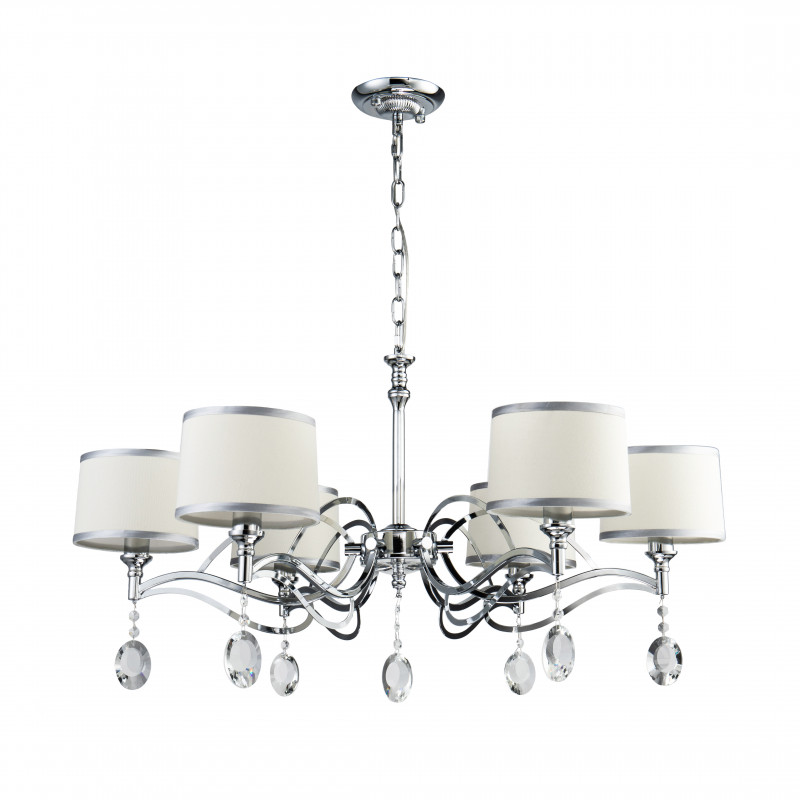 Подвесная люстра Favourite Semina 2707-6P, D840*H430/1430, хром, абажуры из белой ткани с серебряной тесьмой, декоративные элементы из прозрачного хрусталя