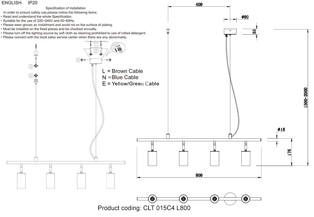 Светильник подвесной 80*5,6*150-200 см, 4*GU10*50W, Crystal Lux Rivo CLT 015C4 L800 BL, Черный