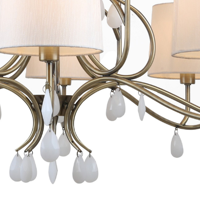 Подвесная люстра Favourite Castellum 2769-12P, D1010*H630/1630, античная латунь, плафоны из ткани кремового цвета, декоративные элементы в виде подвесок из белого стекла