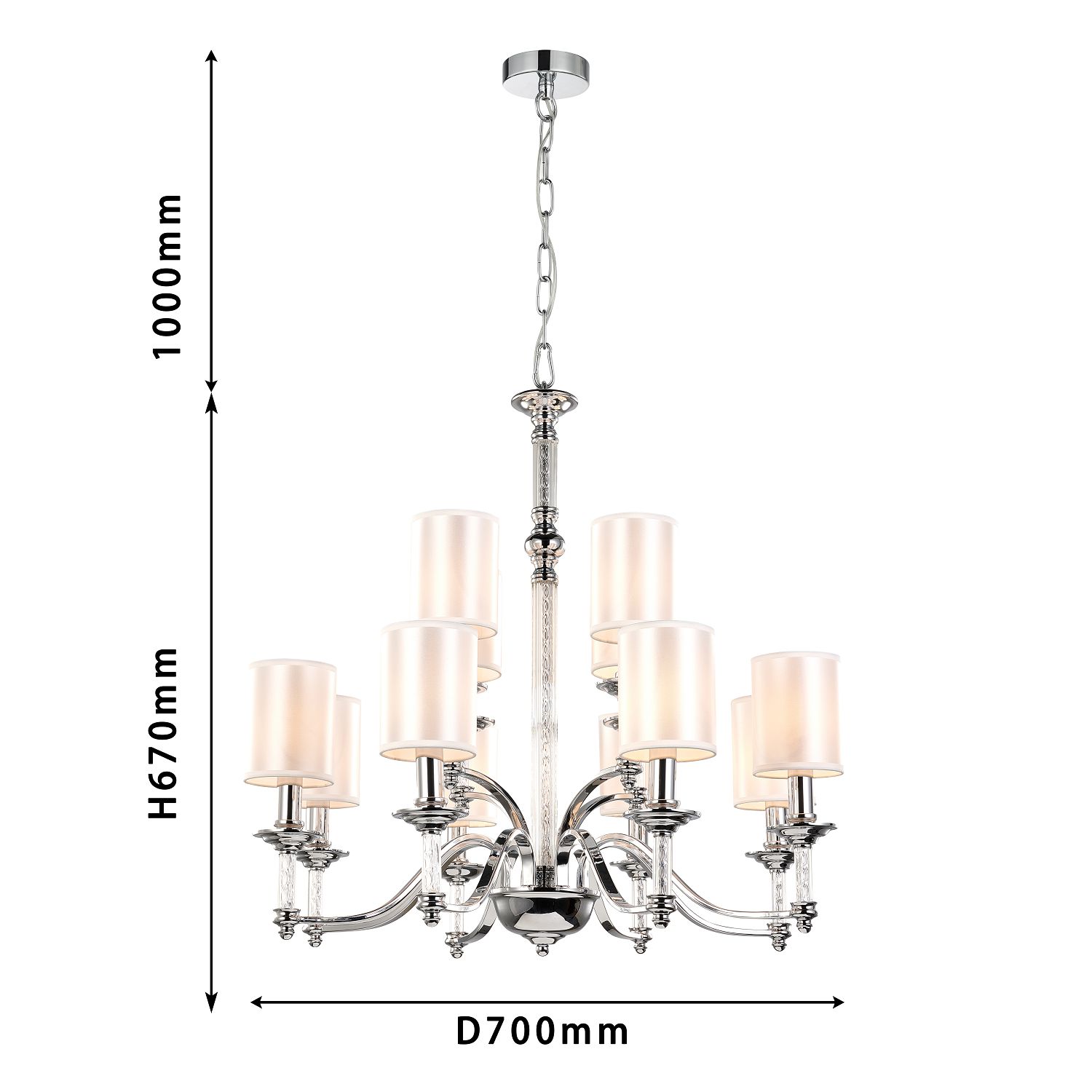 Подвесная люстра Favourite Gelios 2930-12P, D700*H670/1750, хром, плафоны из белой атласной ткани, декоративные элементы из прозрачного стекла