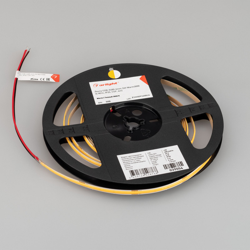Лента COB-X480-6mm 24V Warm3000 (6 W/m, IP20, CSP, 5m), Arlight 042036. Цена указана за 5 метров. Продается кратно 5 метрам.