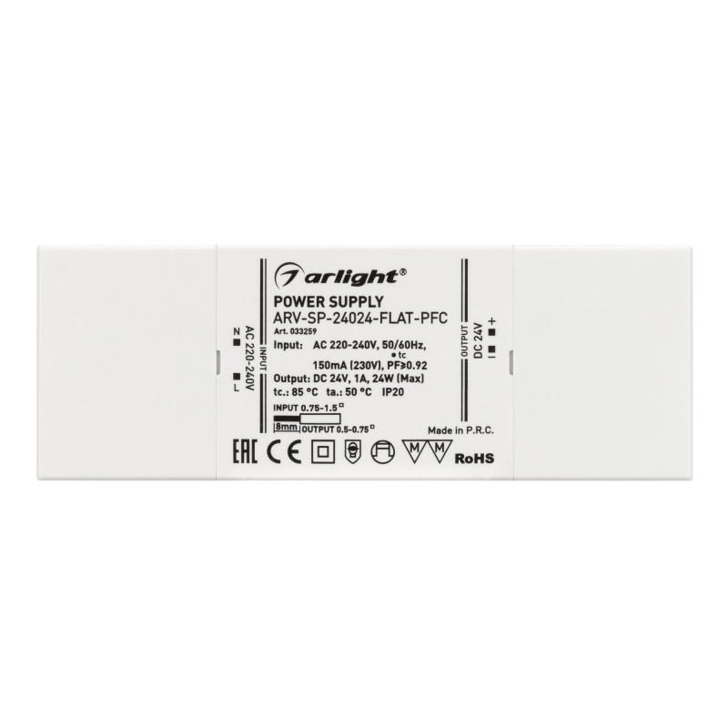 Блок питания ARV-SP-24024-FLAT-PFC (24V, 1A, 24W) (Arlight, IP20 Пластик, 5 лет) 033259