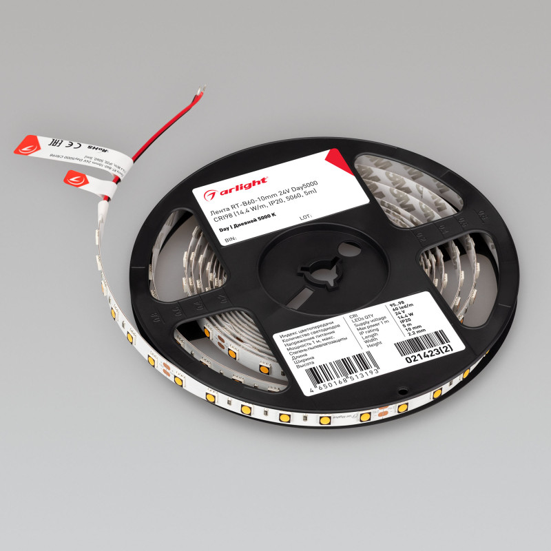 Лента RT-B60-10mm 24V Day5000 CRI98 (14.4 W/m, IP20, 5060, 5m) (Arlight, Открытый) 021423(2). Цена указана за 5 метров. Продается кратно 5 метрам.