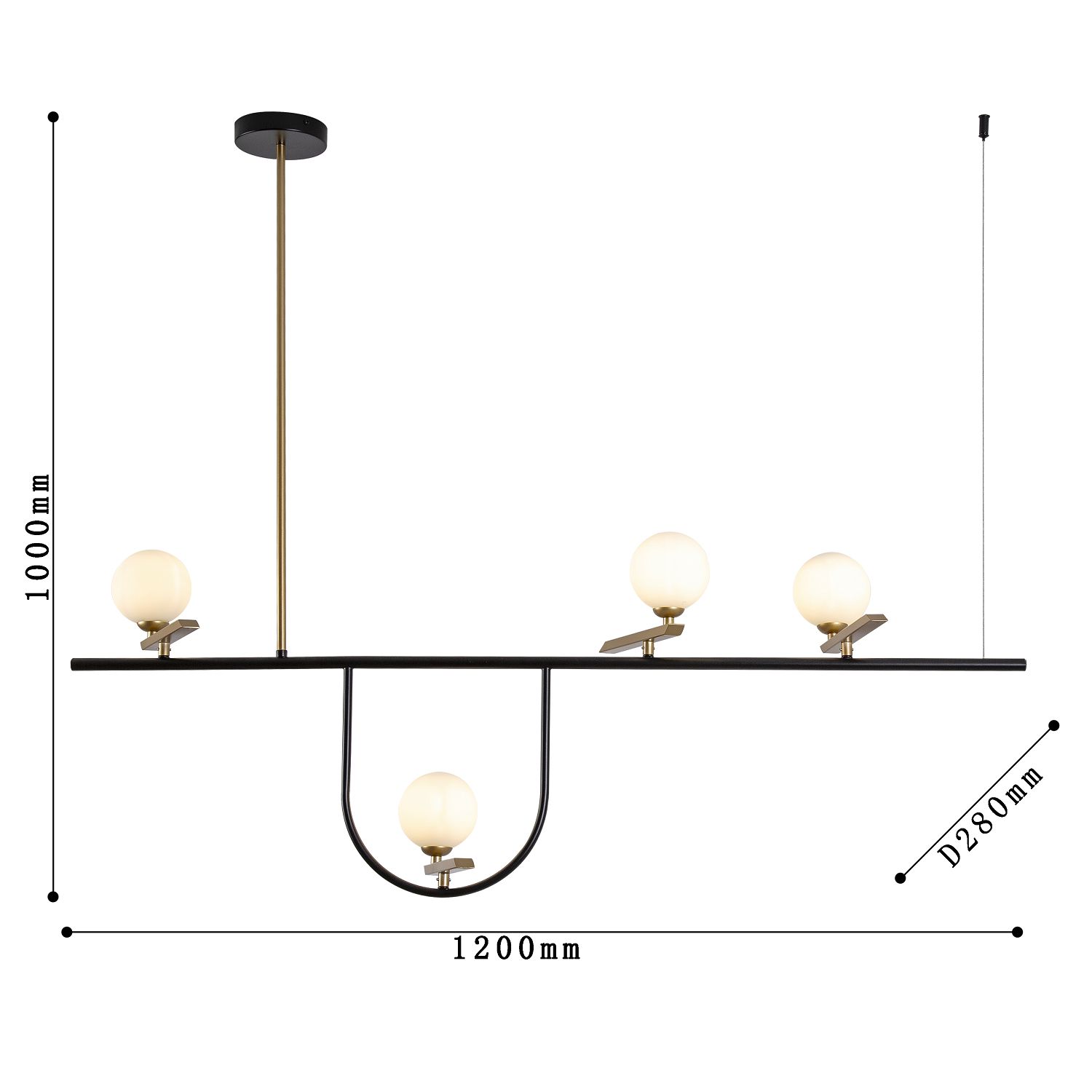 Подвесная люстра F-Promo Pouli 4109-4P, L1200*W280*H1000, каркас матового черного цвета с золотыми декоративными элементами, поворотные плафоны из выдувного стекла белого цвета, часть каркаса фиксируется трос