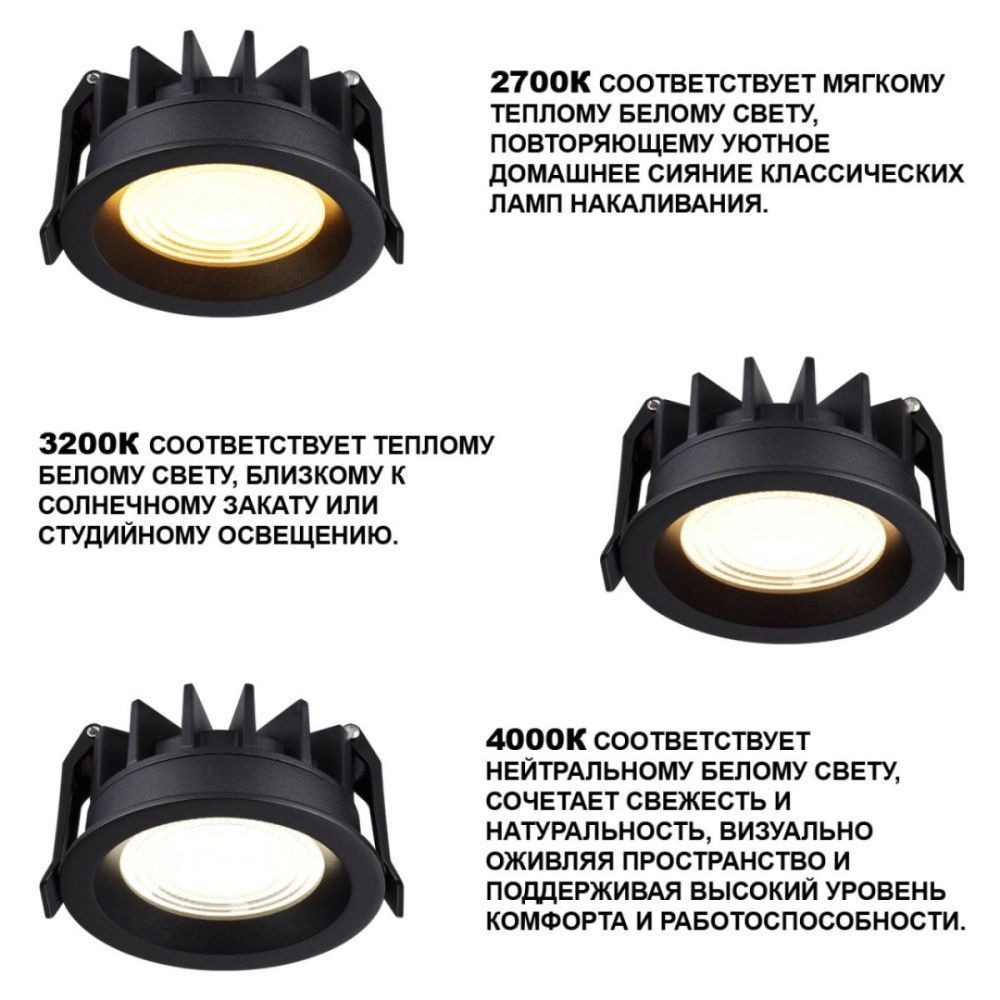 Встраиваемый светильник с переключателем цветовой температуры и угла рассеивания 13.5 см, 25W, 2700-4000K, Novotech Wir Fluo 359847, черный
