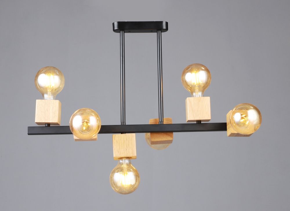 Люстра L600 x W300 x H440, мм, 6*40W (240W), BK+WOOD (Черный+Дерово) Rilon 6428/6 BK+WOOD (1)