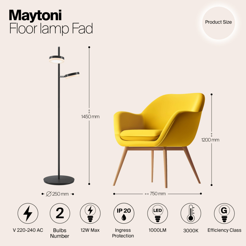 Светодиодный светильник 145 см, 12W, 3000K, Maytoni Fad MOD070FL-L12B3K, черный