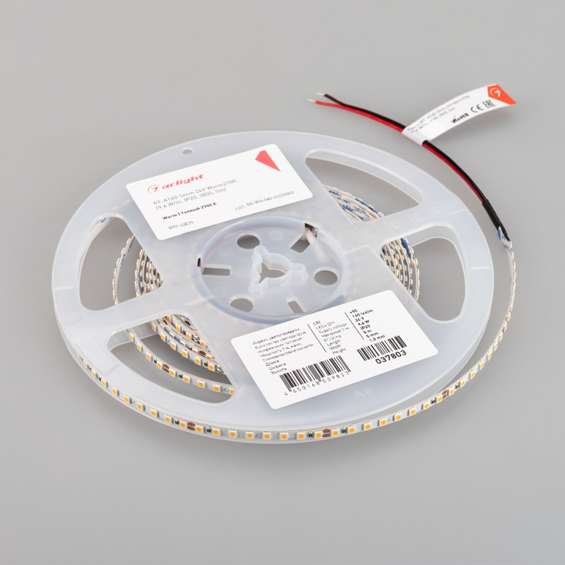 Лента RT-A160-5mm 24V Warm2700 (9.6 W/m, IP20, 2835, 5m) (Arlight, Открытый) 037803. Цена указана за 5 метров. Продается кратно 5 метрам.