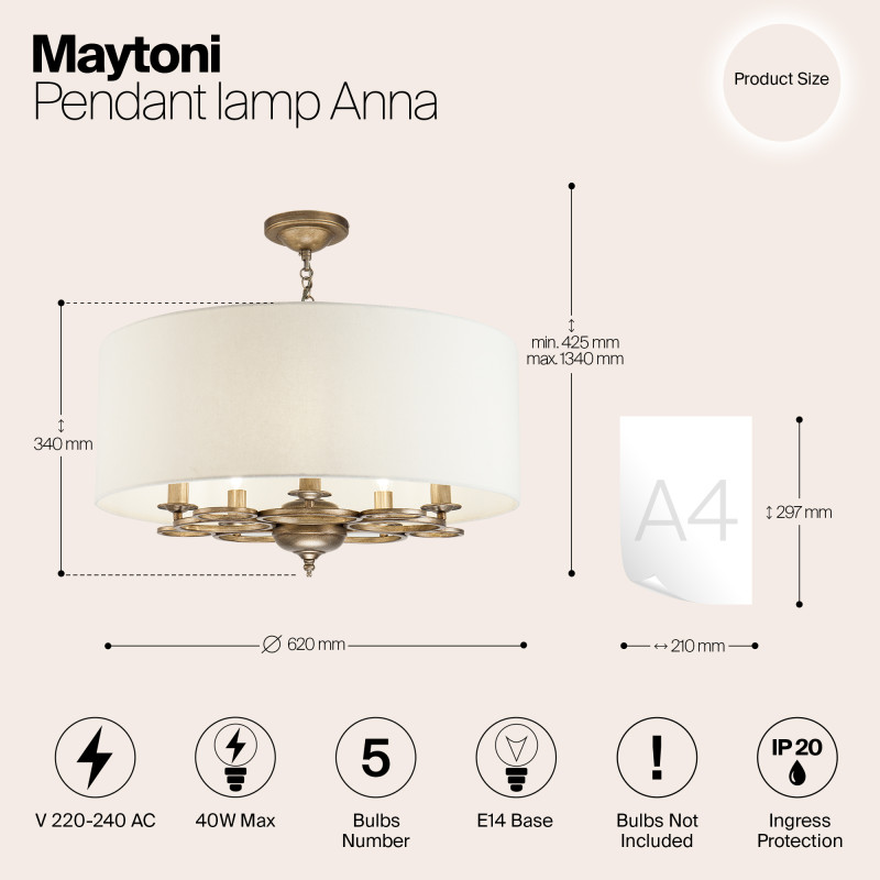Подвесная люстра Maytoni Anna H007PL-05G, кремовый, диаметр 62см